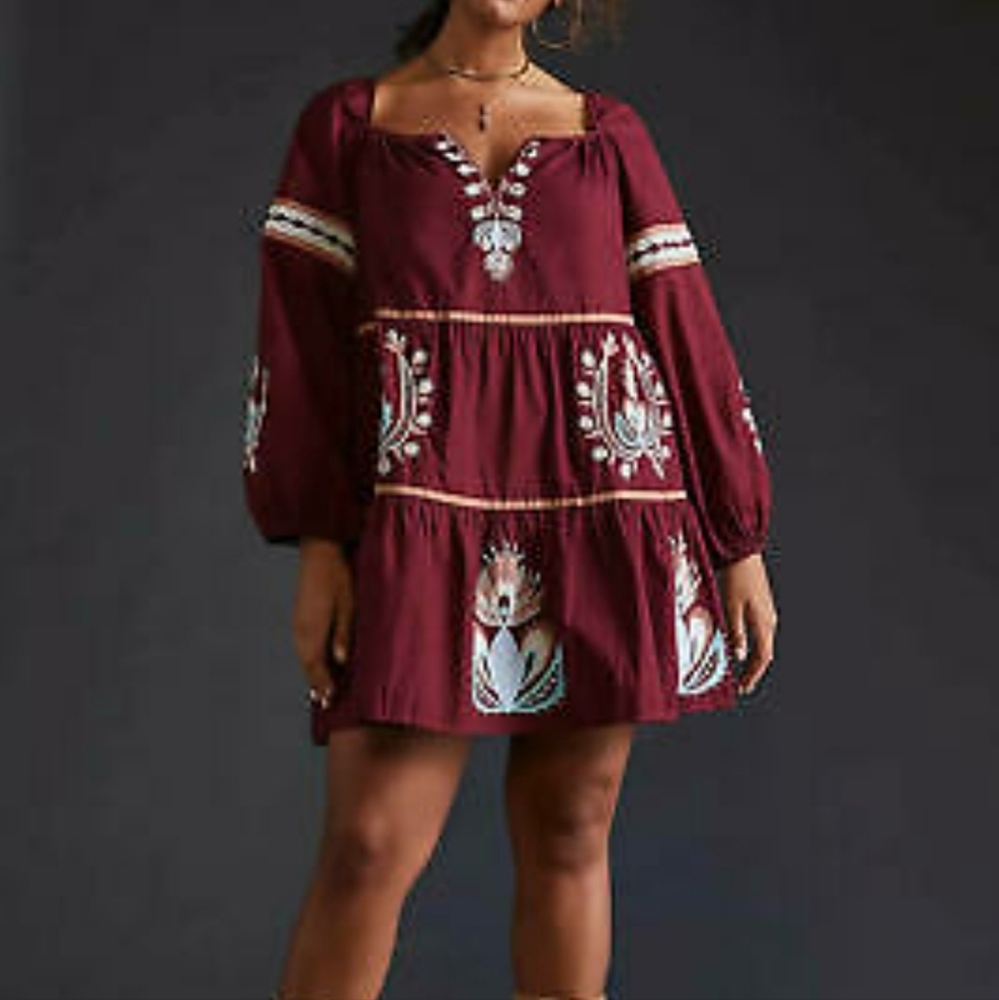 Anthropologie Let Me Be Embroidered Tunic Dress Raspberry